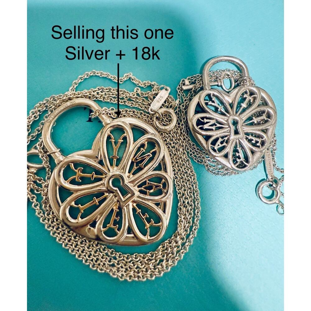 Tiffany Co Silver & 18k Gold Filigree Heart Lock Pendant Necklace W Key 24” 17g